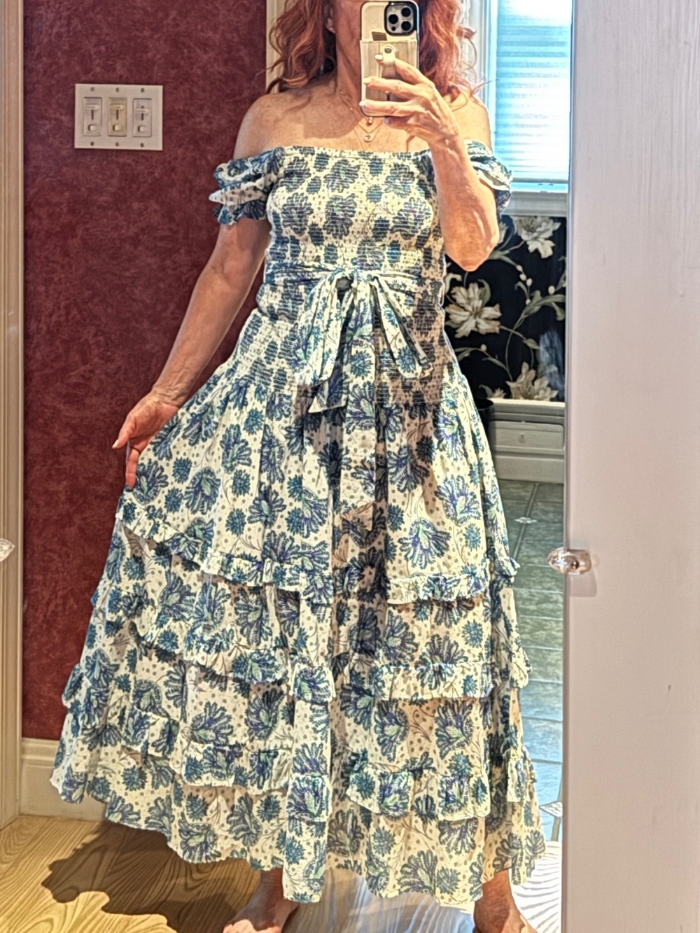 J. Crew Blue and White Floral Off-Shoulder Midi Dress